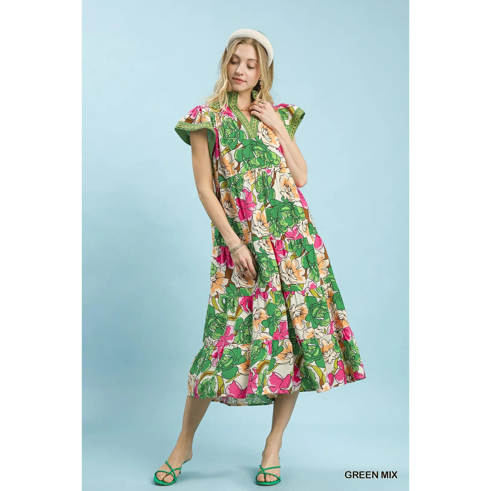 Umgee Mix Bold Floral Tiered Midi Dress - Picture 4 of 5